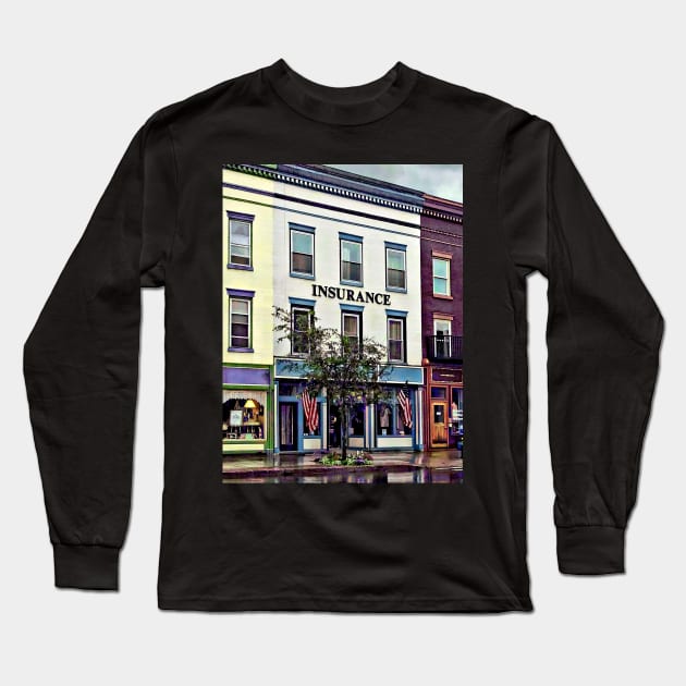 Owego NY - Rainy Evening on Front Street Long Sleeve T-Shirt by SusanSavad